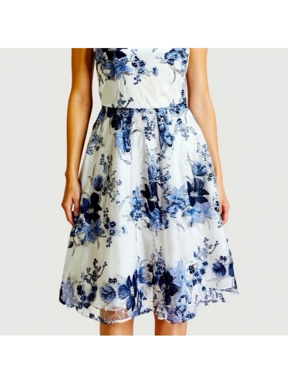 Tahari ASL‎ Embroidered Mesh Dress 8 Blue Silver Fairy Garden Prom Y2K Revival - Picture 3 of 12